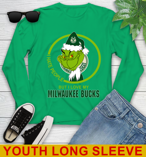 Milwaukee Bucks NBA Christmas Grinch I Hate People But I Love My Favorite Basketball Team Youth Long Sleeve 7