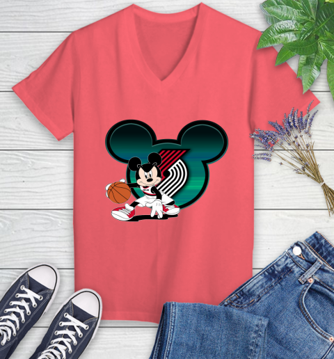 NBA Portland Trail Blazers Mickey Mouse Disney Basketball Women's V-Neck T-Shirt 6