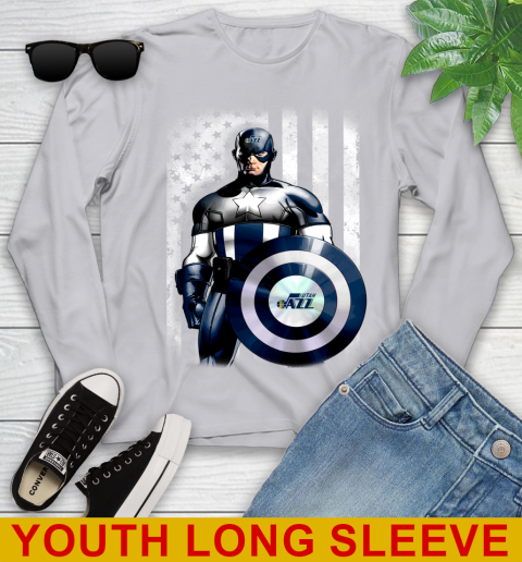 Utah Jazz NBA Basketball Captain America Marvel Avengers American Flag Shirt Youth Long Sleeve 5
