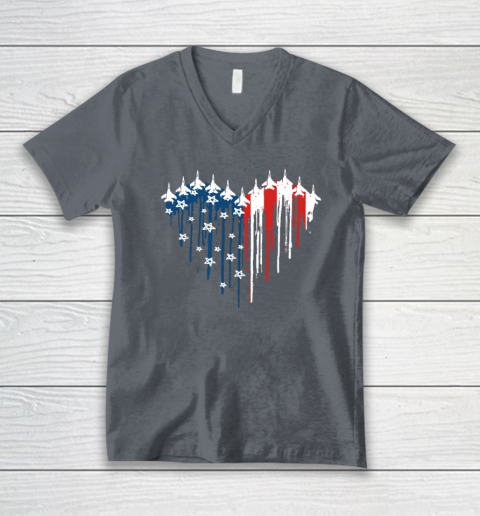 Retro Fighter Jet Airplane American Flag Heart 4th Of July V-Neck T-Shirt 3