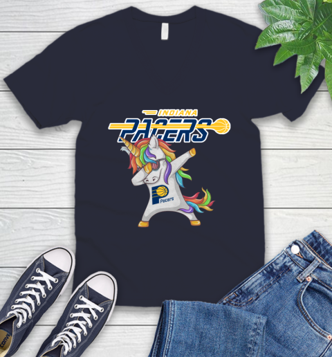 Indiana Pacers NBA Basketball Funny Unicorn Dabbing Sports V-Neck T-Shirt 3