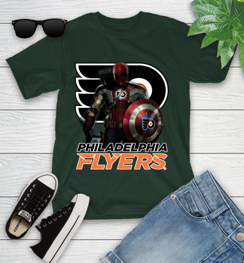 NHL Captain America Thor Spider Man Hawkeye Avengers Endgame Hockey Philadelphia Flyers Youth T-Shirt 5