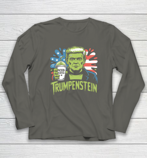 Trumpenstein Funny Iced Coffee Drink Halloween 4th of July USA Flag Long Sleeve T-Shirt 4