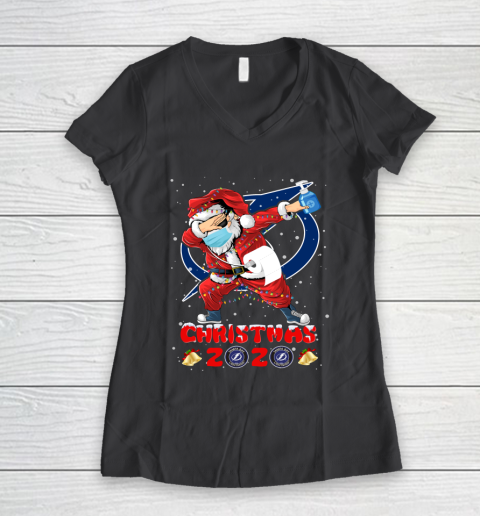 Tampa Bay Lightning Funny Santa Claus Dabbing Christmas 2020 NHL Women's V-Neck T-Shirt 6