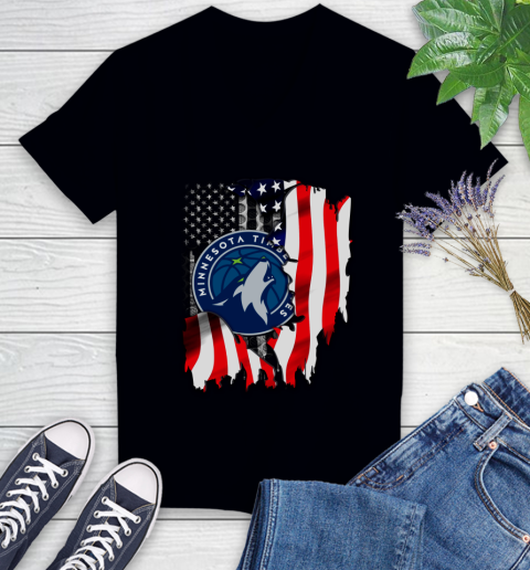 Minnesota Timberwolves NBA Basketball American Flag Women's V-Neck T-Shirt
