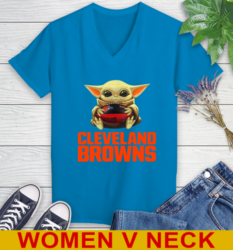 NFL Football Cleveland Browns Baby Yoda Star Wars Shirt Women's V-Neck T- Shirt