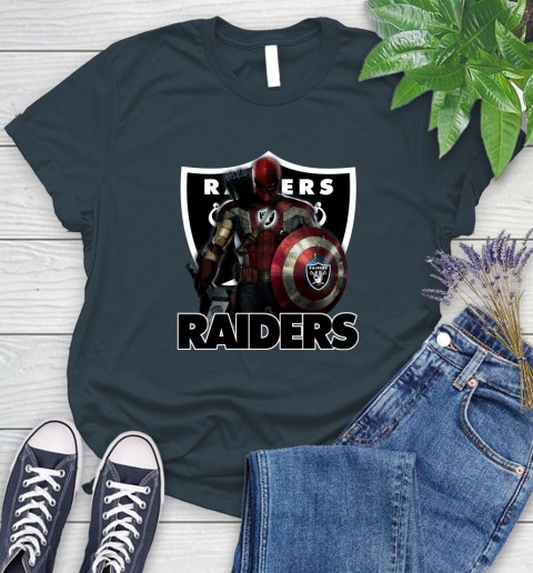 NFL Captain America Thor Spider Man Hawkeye Avengers Endgame Football Oakland Raiders Women's T-Shirt 8