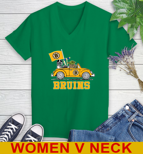 NHL Hockey Boston Bruins Darth Vader Baby Yoda Driving Star Wars Shirt Women's V-Neck T-Shirt 6