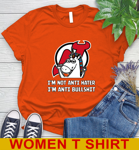 New Jersey Devils NHL Hockey Unicorn I'm Not Anti Hater I'm Anti Bullshit Women's T-Shirt 4