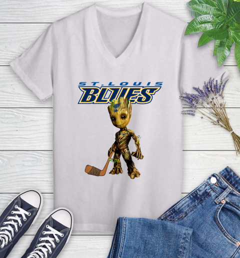 St.Louis Blues NHL Hockey Groot Marvel Guardians Of The Galaxy Women's V-Neck T-Shirt