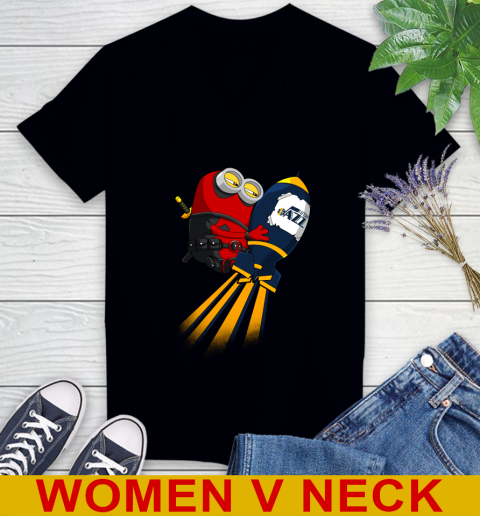 NBA Basketball Utah Jazz Deadpool Minion Marvel Shirt Women's V-Neck T-Shirt