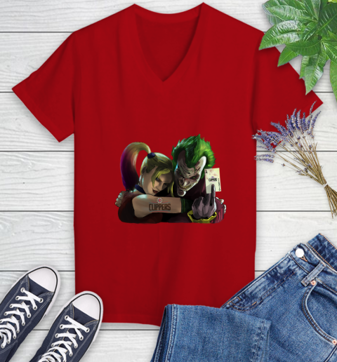 LA Clippers NBA Basketball Joker Harley Quinn Suicide Squad Women's V-Neck T-Shirt 12