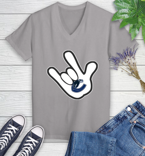 Vancouver Canucks NHL Hockey Mickey Rock Hand Disney Women's V-Neck T-Shirt 4
