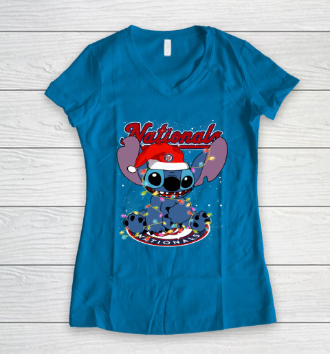 Washington Nationals MLB noel stitch Baseball Christmas Women's V-Neck T-Shirt 4