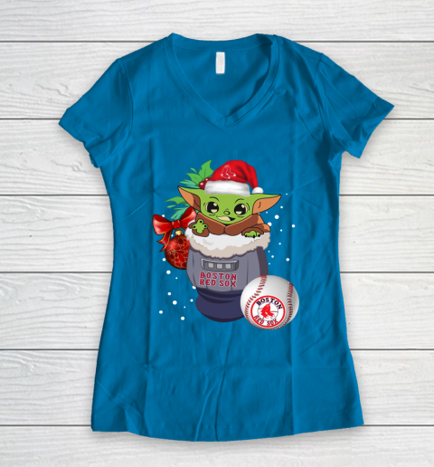 Boston Red Sox Christmas Baby Yoda Star Wars Funny Happy MLB Women's V-Neck T-Shirt 7