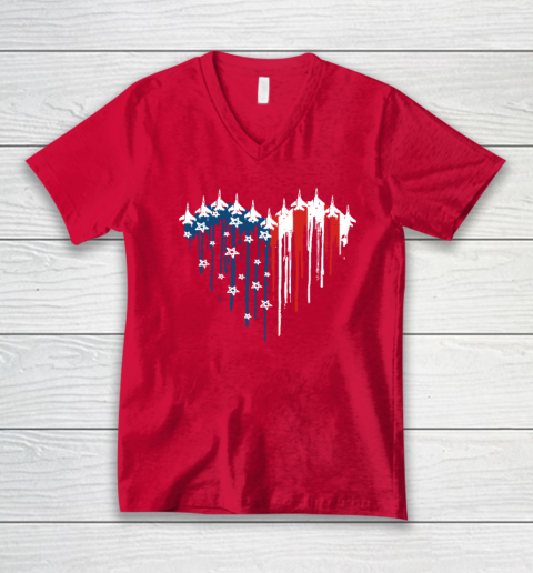 Retro Fighter Jet Airplane American Flag Heart 4th Of July V-Neck T-Shirt 5