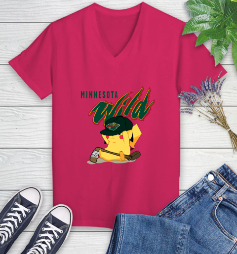 NHL Pikachu Hockey Sports Minnesota Wild Women's V-Neck T-Shirt 9