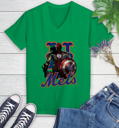 MLB Captain America Thor Spider Man Hawkeye Avengers Endgame Baseball New York Mets Women's V-Neck T-Shirt 5
