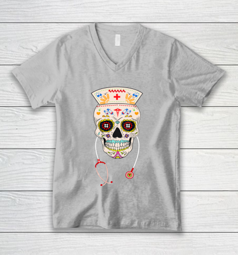 Nurse Sugar Skull Shirt Halloween Day Of The Dead Dia De Los V-Neck T-Shirt 3