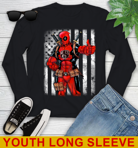 NBA Basketball Brooklyn Nets Deadpool American Flag Shirt Youth Long Sleeve