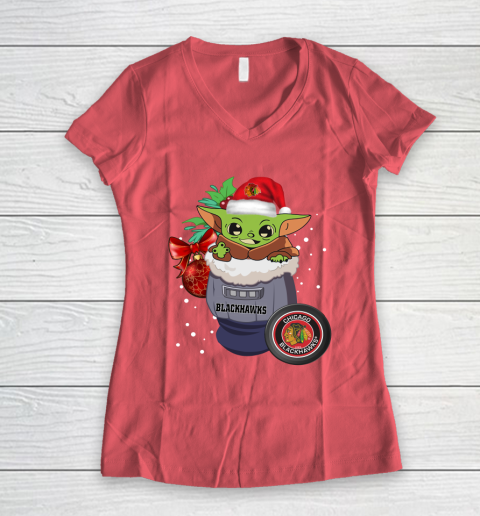 Chicago Blackhawks Christmas Baby Yoda Star Wars Funny Happy NHL Women's V-Neck T-Shirt 6