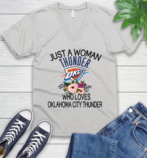 NBA Just A Woman Who Loves Oklahoma City Thunder Basketball Sports V-Neck T-Shirt