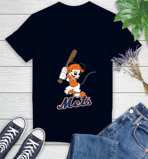 MLB Baseball New York Mets Cheerful Mickey Mouse Shirt Women's V-Neck T-Shirt 3