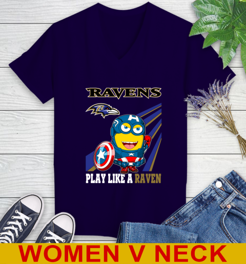 NFL Football Baltimore Ravens Captain America Marvel Avengers Minion Shirt Women's V-Neck T-Shirt 3