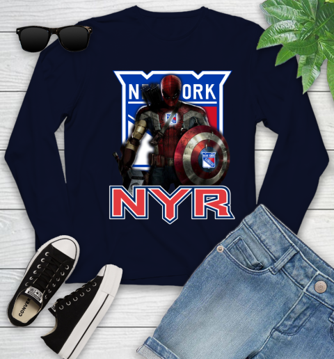 NHL Captain America Thor Spider Man Hawkeye Avengers Endgame Hockey New York Rangers Youth Long Sleeve 3