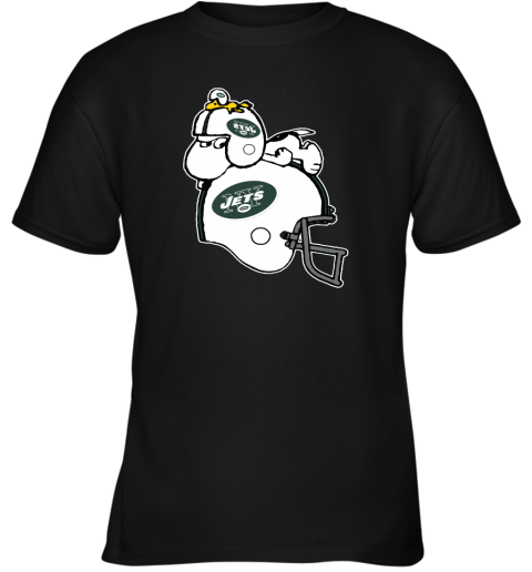 Snoopy And Woodstock Resting On New York Jets Helmet Youth T-Shirt