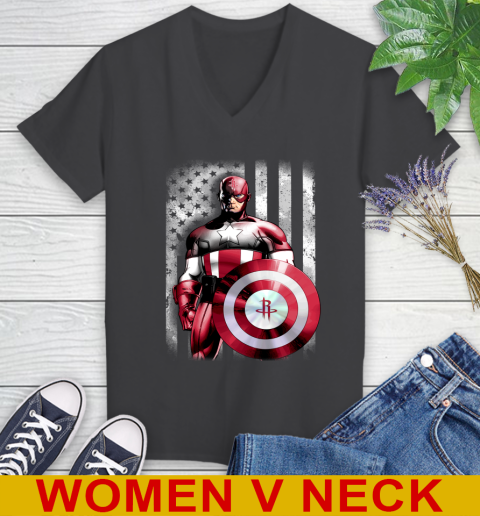Houston Rockets NBA Basketball Captain America Marvel Avengers American Flag Shirt Women's V-Neck T-Shirt 8