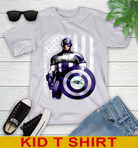 Baltimore Ravens NFL Football Captain America Marvel Avengers American Flag Shirt Youth T-Shirt 4