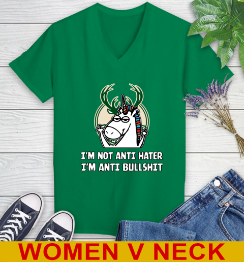 Milwaukee Bucks NBA Basketball Unicorn I'm Not Anti Hater I'm Anti Bullshit Women's V-Neck T-Shirt 6
