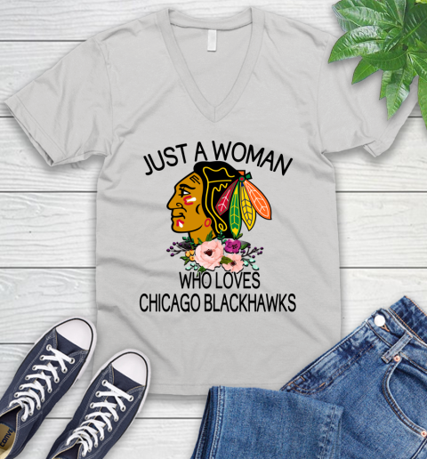 NHL Just A Woman Who Loves Chicago Blackhawks Hockey Sports V-Neck T-Shirt