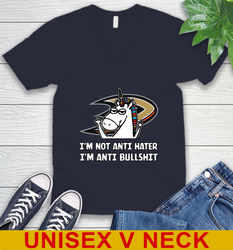 Anaheim Ducks NHL Hockey Unicorn I'm Not Anti Hater I'm Anti Bullshit V-Neck T-Shirt 3
