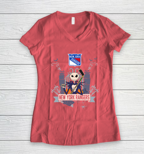 NHL New York Rangers Hockey Jack Skellington Halloween Women's V-Neck T-Shirt 4