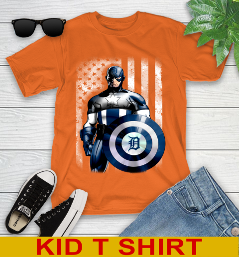 Detroit Tigers MLB Baseball Captain America Marvel Avengers American Flag Shirt Youth T-Shirt 8