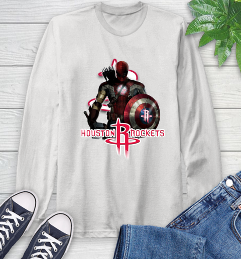 Houston Rockets NBA Basketball Captain America Thor Spider Man Hawkeye Avengers Long Sleeve T-Shirt