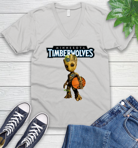 Minnesota Timberwolves NBA Basketball Groot Marvel Guardians Of The Galaxy V-Neck T-Shirt