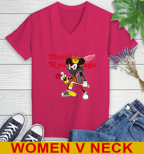 Detroit Red Wings NHL Hockey Mickey Peace Sign Sports Women's V-Neck T-Shirt 10