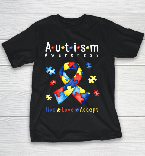Live Love Accept Autism Awareness Month Ribbon Puzzle Youth T-Shirt