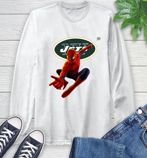 NFL Spider Man Avengers Endgame Football New York Jets Long Sleeve T-Shirt