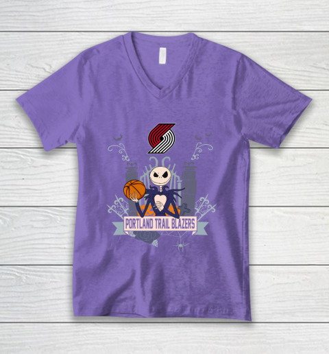NBA Portland Trail Blazers Basketball Jack Skellington Halloween V-Neck T-Shirt 8