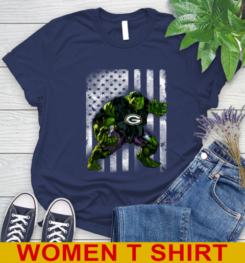 Green Bay Packers Hulk Marvel Avengers NFL Football American Flag Women's T-Shirt 12