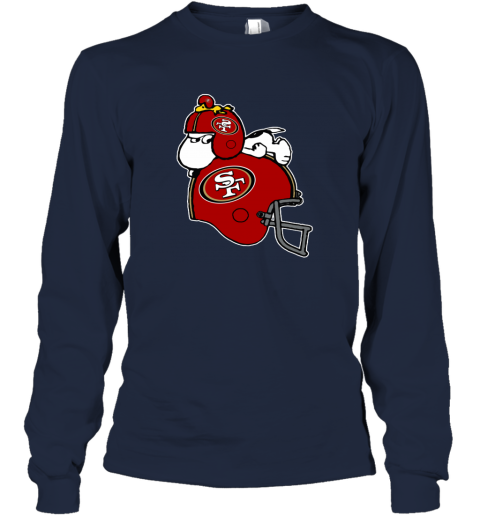 tr6s snoopy and woodstock resting on san francisco 49ers helmet long sleeve tee 14 front navy