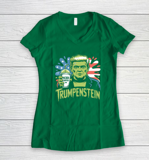 Trumpenstein Funny Iced Coffee Drink Halloween 4th of July USA Flag Women's V-Neck T-Shirt 3