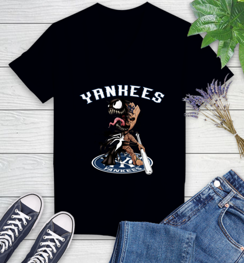 MLB New York Yankees Baseball Venom Groot Guardians Of The Galaxy Women's V-Neck T-Shirt 2