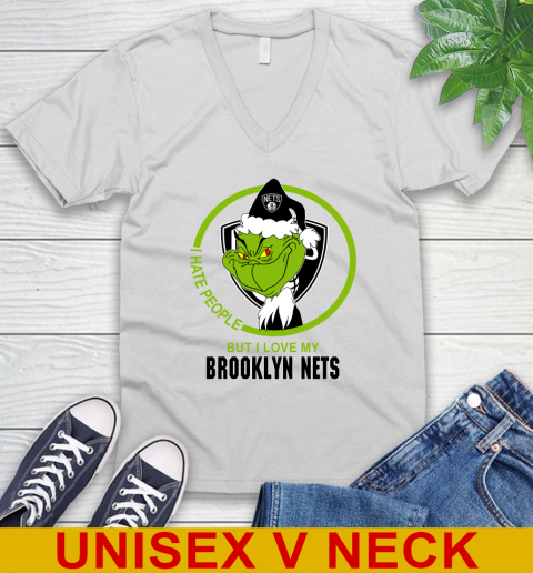 Brooklyn Nets NBA Christmas Grinch I Hate People But I Love My Favorite Basketball Team V-Neck T-Shirt