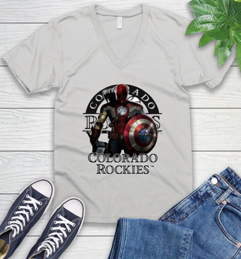 MLB Captain America Thor Spider Man Hawkeye Avengers Endgame Baseball Colorado Rockies V-Neck T-Shirt