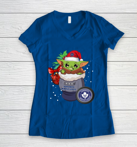 Toronto Maple Leafs Christmas Baby Yoda Star Wars Funny Happy NHL Women's V-Neck T-Shirt 9